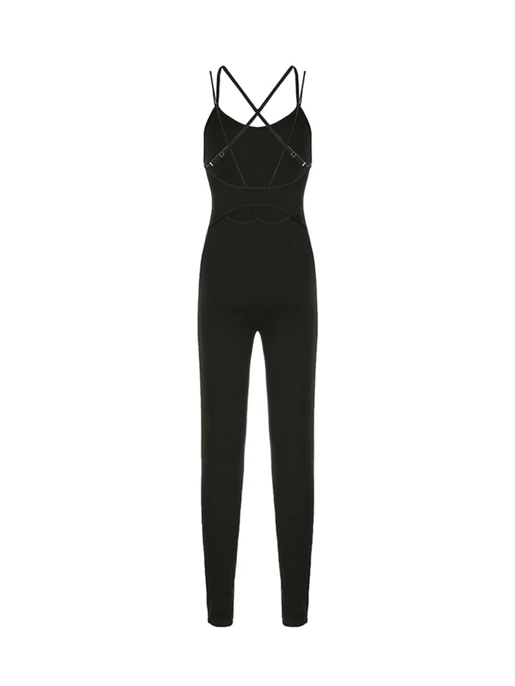 Cross Backless Cut Out Skinny Sleeveless Black Rompers Jumpsuit Sportswear