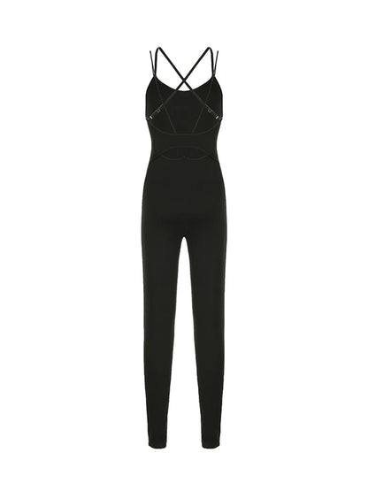 Cross Backless Cut Out Skinny Sleeveless Black Rompers Jumpsuit Sportswear