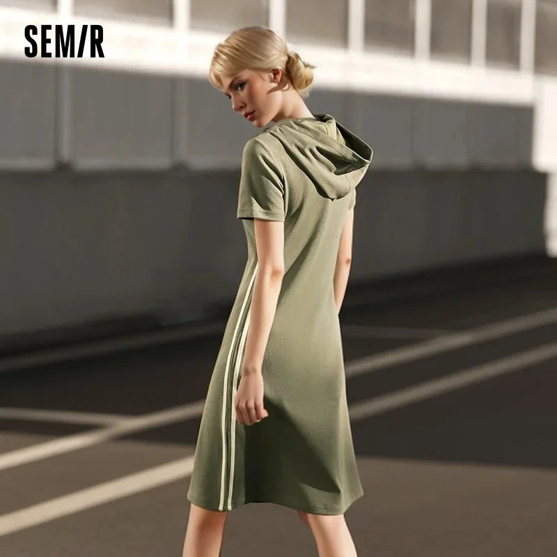 Jumpsuit for Letter Print and Color-blocked Sports Style New in Summer Slim Fit Hooded Mid-length Dress