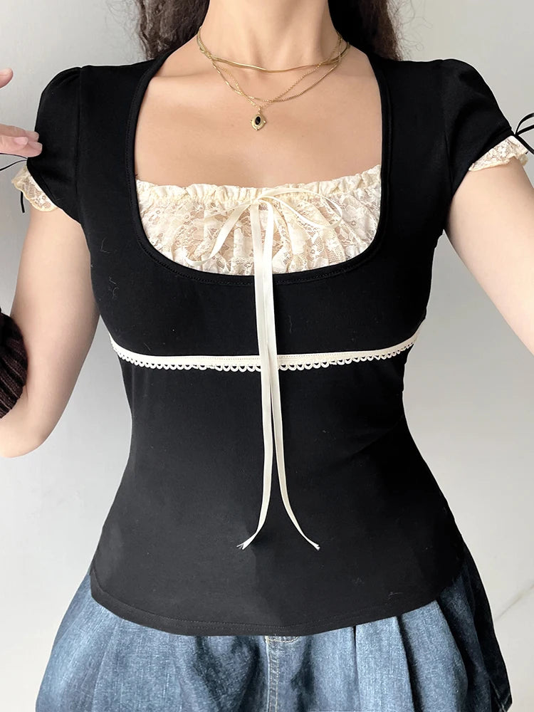 Sweet Y2k Contrast Lace Patchwork Square Collar Black T-shirt Short Sleeve Basic Balletcore Summer Tops