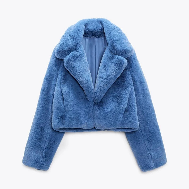 Ins Street Blue Cropped Plush Fur Coat Winter New Trend Faux Rabbit Fur Jacket Coats Short Outwear