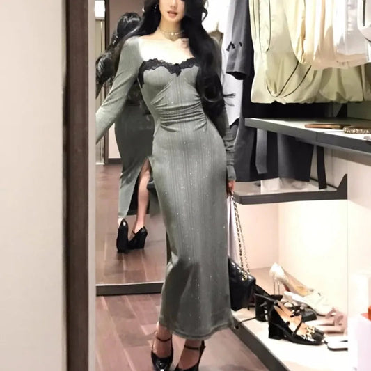 Bodycon Evening Party Dresses Long Sleeve Lace Square Collar Midi Dress High Split Prom Robe Autumn Vestidos New