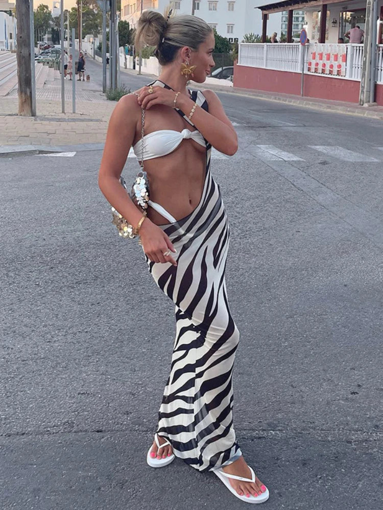 Bodycon Long Dresses for Beach Style Backless Vestidos De Mujer Hollow Out Robe Femme _t�� Y2k Clothes Zebra Print