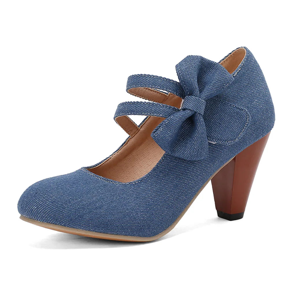 48 Brand New Round Toe Chunky Heel Pumps Bow Buckle Summer Party Shoes