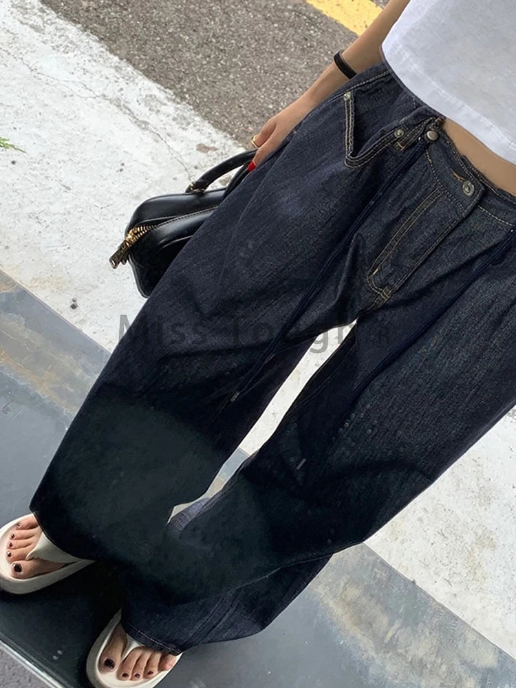 Korea High Waist Jeans New Drawstring Loose All Match Trousers Blue Design Wide Leg Pants Autumn