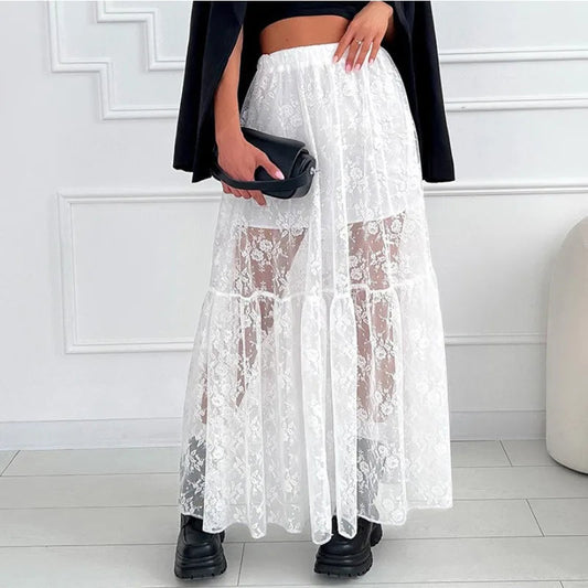 American Retro Hollow Seethrough Lace Aline Skirt Summer New High Waist Color Loose Midlength Skirt