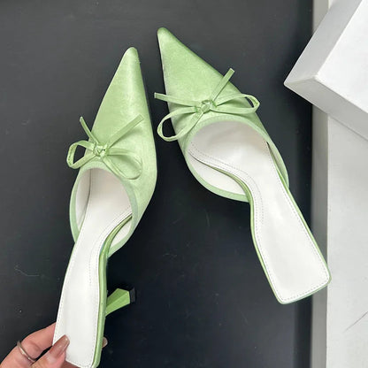 Spring New Butterflyknot Slipper Pointed Toe Slip on Mules Thin Low Heel Sandal Shoes Zapatos Mujer