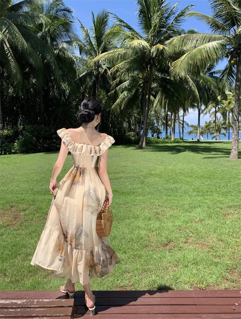 Prints Midi Dresses for French Clothing Holiday Beach Party Summer New
