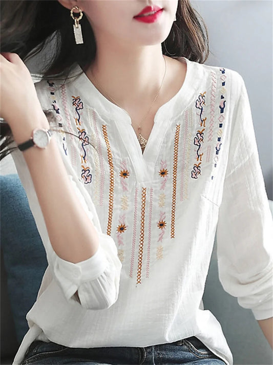 Spring Autumn White Blouses Tops Lady Embroidery V-neck Long Sleeve Loose Blusas Top Df4272