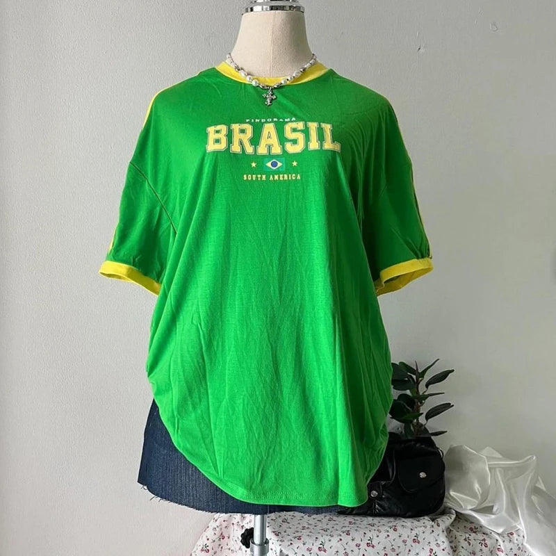 Europe and the United States Loose Letters Yellow Green Top Y2k ’s Summer T-shirt Clothing Street
