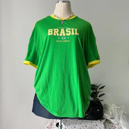 Europe and the United States Loose Letters Yellow Green Top Y2k ’s Summer T-shirt Clothing Street