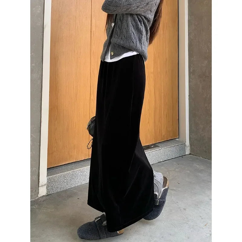 Velvet Black Aline Skirt Spring New High Waist Loose All Match Split Midlength Skirt