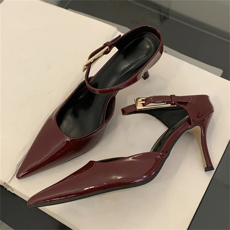 Patent Leather Pointed Toe Buckle Strap Slippers Thin Heels Wedding Dress Mule Shoes