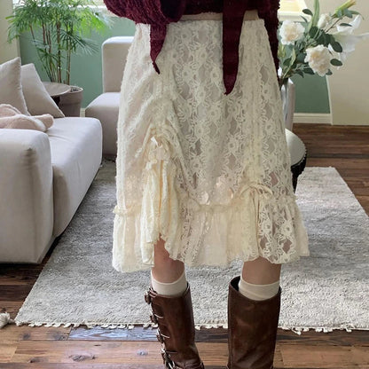 Low Waist Drawstring Pleated Kneelength Skirt Spring New Korean Hollow Color Lace Aline Skirt