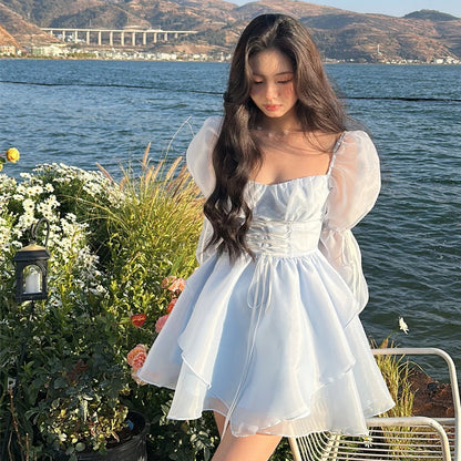 Sweet Kawaii Mini Dress Korean Party Dress Fairy Princess Puff Sleeve Summer Prom Dress