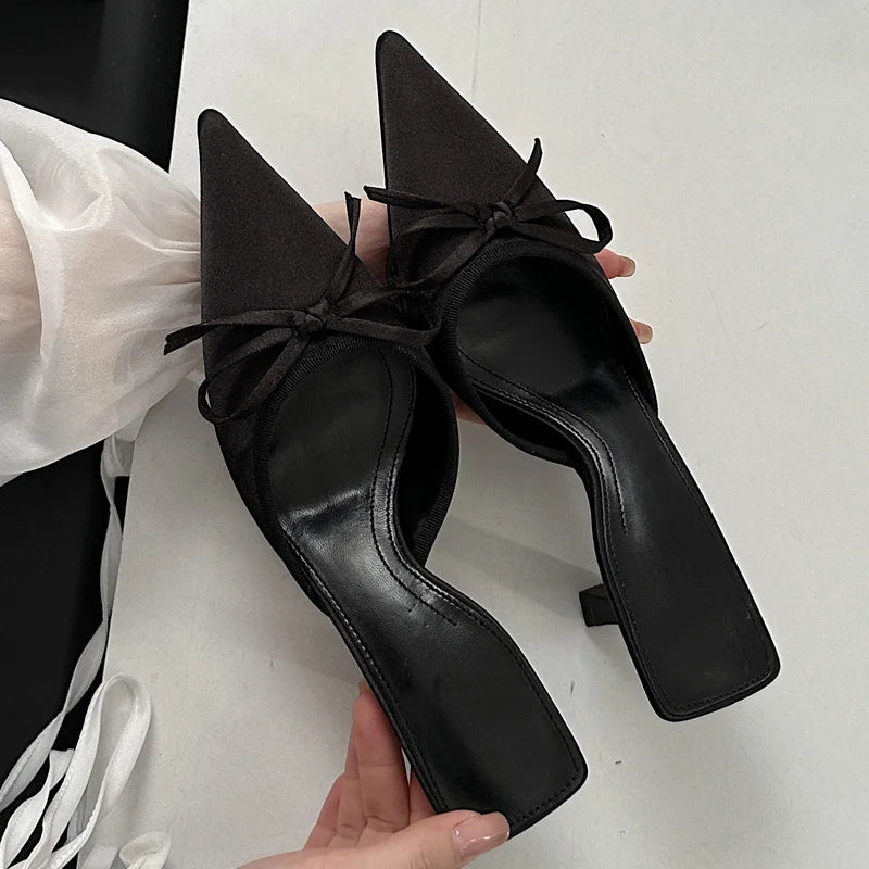 Spring New Butterflyknot Slipper Pointed Toe Slip on Mules Thin Low Heel Sandal Shoes Zapatos Mujer