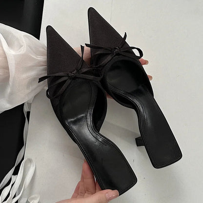 Spring New Butterflyknot Slipper Pointed Toe Slip on Mules Thin Low Heel Sandal Shoes Zapatos Mujer