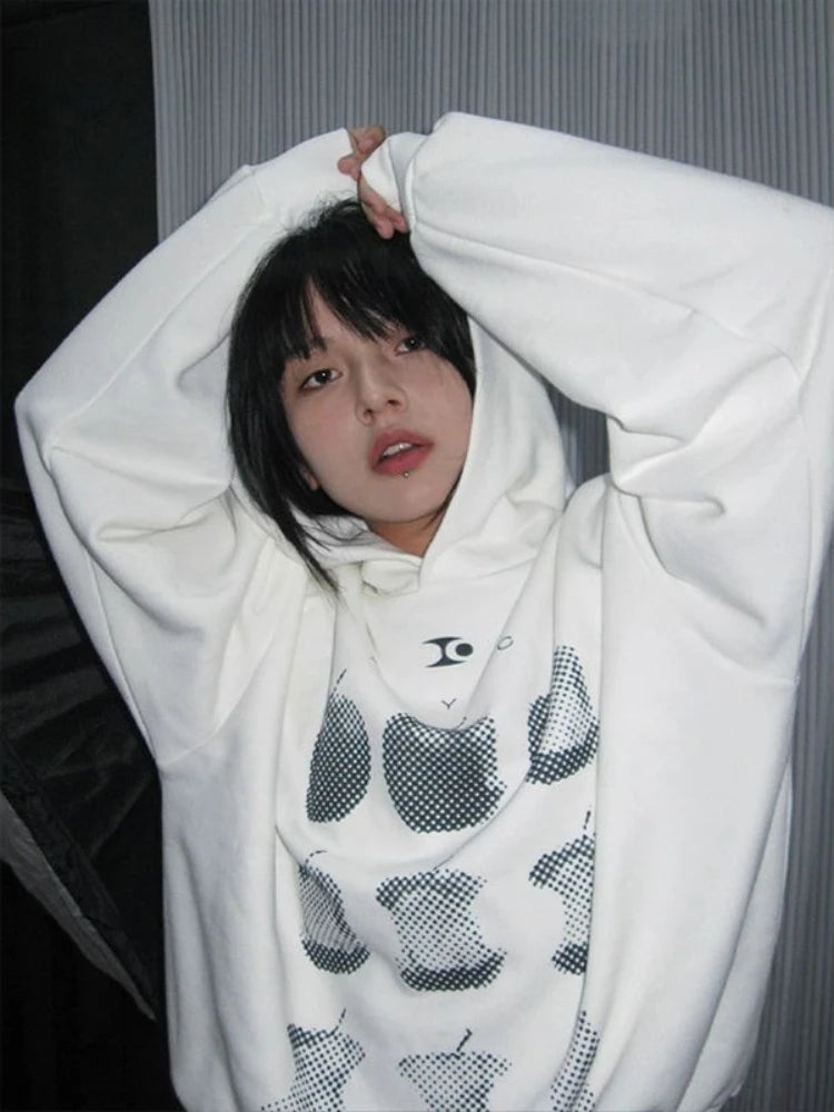 American Retro Fruit Print Hoodies High Street Apple Graphic Top Harajuku Oversized Design Aesthetics