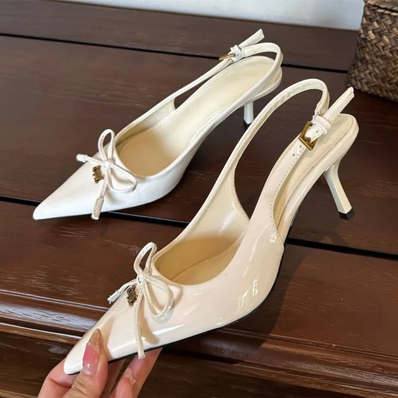 Bow Metal Buckle Design High Heels Pointed Toe Patent Leather Slingback Heeled Sandals Party Shoes