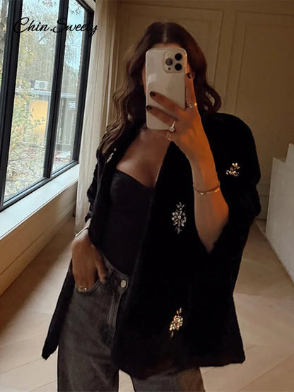 Jewelry Fur Coat Winter Black Plush O-neck Long Sleeve Loose Jacket Female Warm Thicken Lady Overcoat