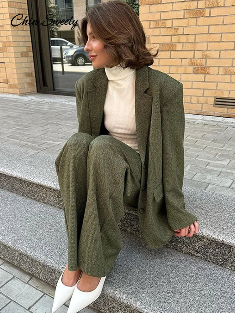 Coat Pant Sets Woman Lapel Long Sleeve Single Breasted Blazer Wide Leg Pants 2 Piece Set for Loose Outfits