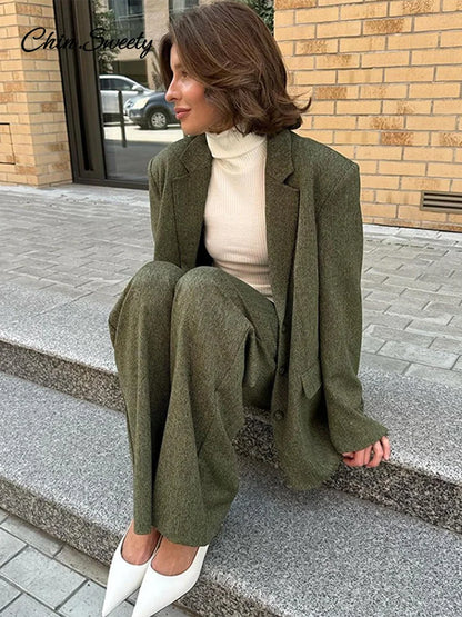 Coat Pant Sets Woman Lapel Long Sleeve Single Breasted Blazer Wide Leg Pants 2 Piece Set for Loose Outfits