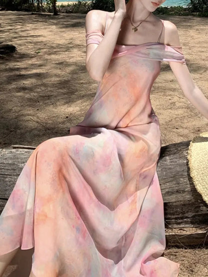 Summer Midi Dress Spaghetti Strap Beach Holiday Party Vestidos Female Clothes Robe New
