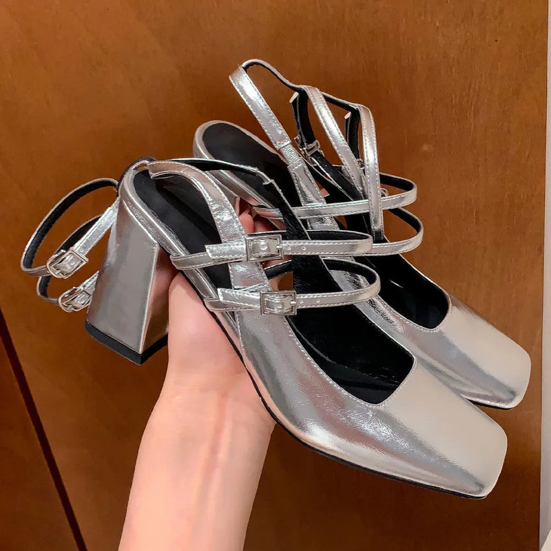Genuine Leather Ankle Strap Sandals Square Toe 8cm Thick High Heel Summer Pumps Dress Shoes for Woman