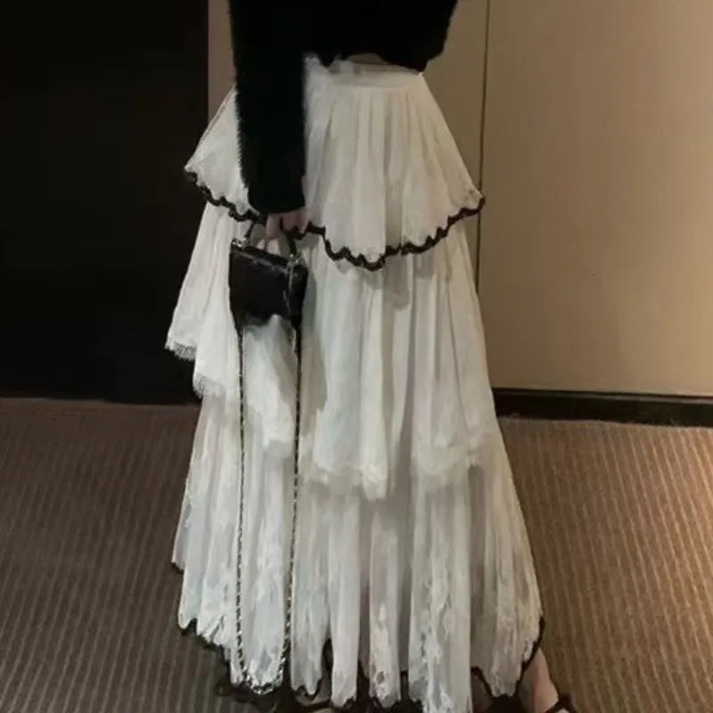 Spring Summer Lace Skirts Contrast Color Ruffles Sweet Jupe Femme Korean Retro Long Skirt