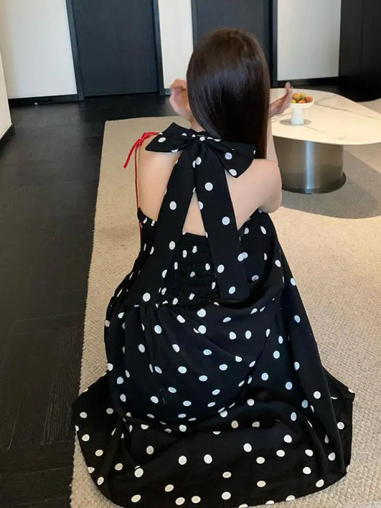 Black Dot Club Pleated Split Long Dresses Sleeveless Halter V Neck Bow Laceup Dress Summer Backless Party Sundress