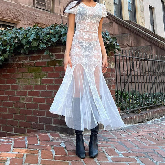 White Lace Dress Fairycore Seethrough Beach Vacation Dress Mesh Long Dresses Y2k Coquette