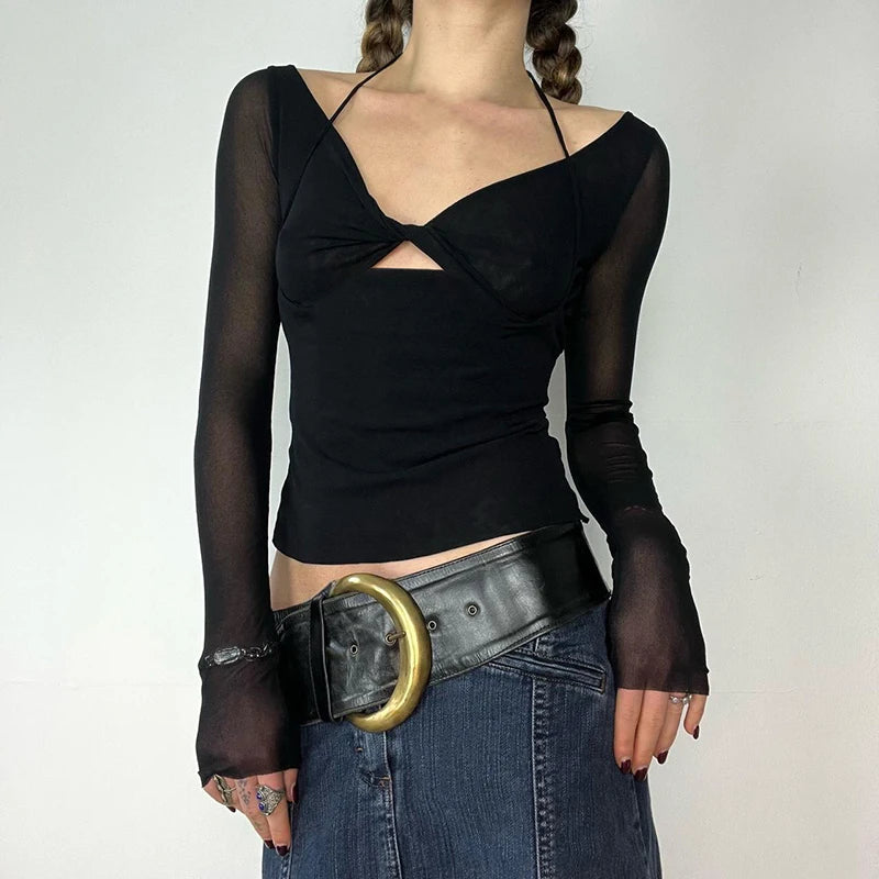 Stylish Cut Out Front Black Top for Mesh Long Sleeve V-neck Halter T-shirt Autumn Fitted Tees