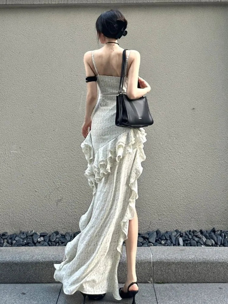 Midi Dress Sleeveless Backless Patchwork Ruffle Slim Camiosle Dresses Club Party Vestidos Spring Summer