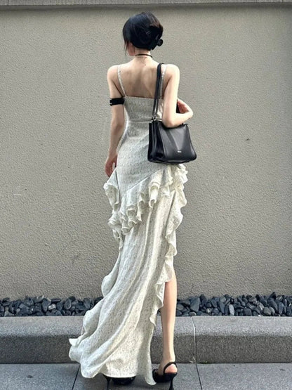 Midi Dress Sleeveless Backless Patchwork Ruffle Slim Camiosle Dresses Club Party Vestidos Spring Summer