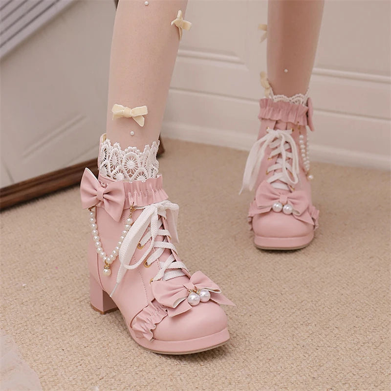 Lolita Ankle Short Boots Round Toe Kawaii Thick Mid Heels Zipper Bead Bow Laceup Lady Cosplay Shoes Autumn Winter