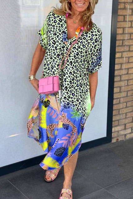 Leopard Print Patchwork Dresses V-neck Short Sleeves Pocket Loose Slit Midi Dress Lady Vestidos Summer New
