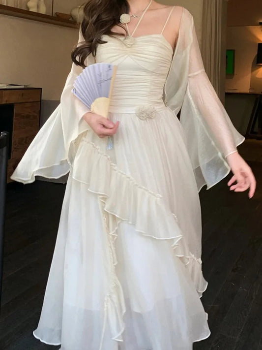 Summer French Midi Dresses Folds Ruffle Party Prom Robe Fairycore Neck Mounted New Dress