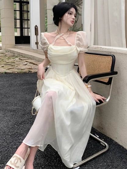 Summer Halter Midi Dress Female Chiffon Square Neck Party One Pieces Dresses French New Vestidos Robe