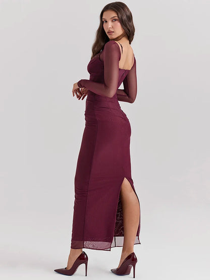 Sheer Long Sleeve Maxi Dress for Mesh Strapless Backless Club Party Long Dress