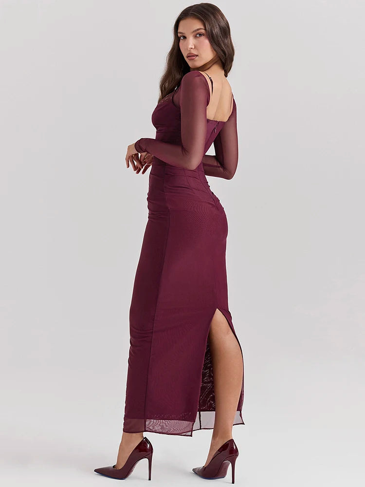 Sheer Long Sleeve Maxi Dress for Mesh Strapless Backless Club Party Long Dress