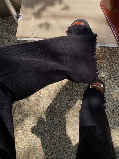 Black Knitted Rib Pants Tassels Flared Trousers Leggings Boot Cut Korean High Waist Autumn Winter Bottoms