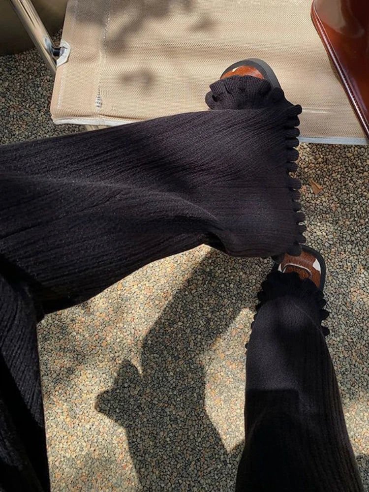 Black Knitted Rib Pants Tassels Flared Trousers Leggings Boot Cut Korean High Waist Autumn Winter Bottoms
