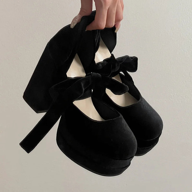 Spring Summer Pumps Double Platform Thick High Heels Velvet Ankle Strap Sweet Pumps Lolita Pink Shoes