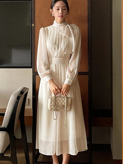 Midi Dresses for Long Sleeves Half High Collar Lace-up A-line Korean Autumn New One Piece Vestido Mujer
