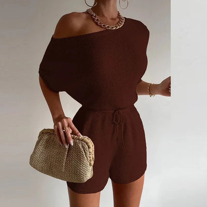 New Spring Tieup Shorts Jumpsuit Off Shoulder Slim Knitted Romper Playsuit Summer Short Sleeve Hollow Overalls