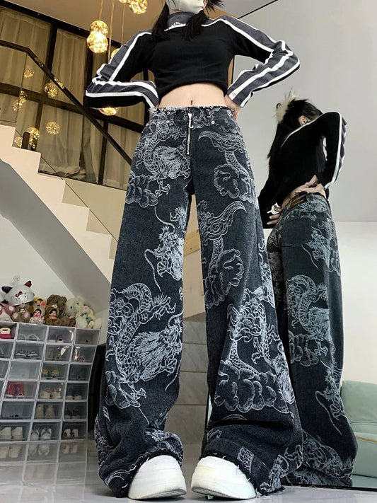 Chinese Style Jeans Y2k Baggy Dragon Print High Waist Zip Wide Leg Denim Pants Hip Hop Causal Kpop Bottoms