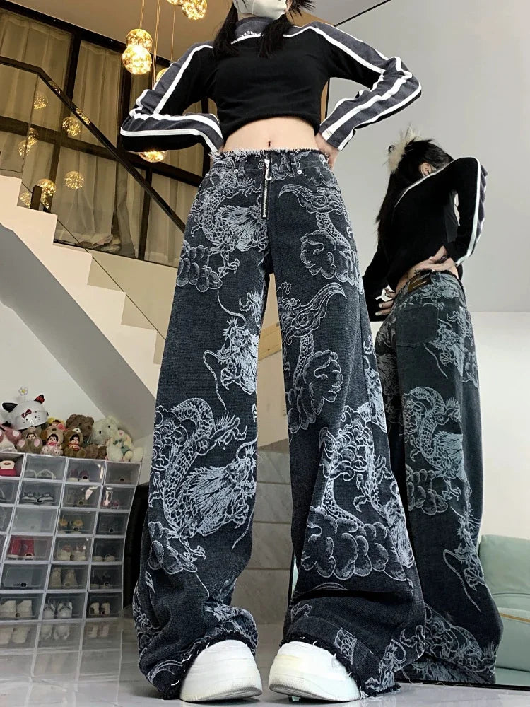 Chinese Style Jeans Y2k Baggy Dragon Print High Waist Zip Wide Leg Denim Pants Hip Hop Causal Kpop Bottoms