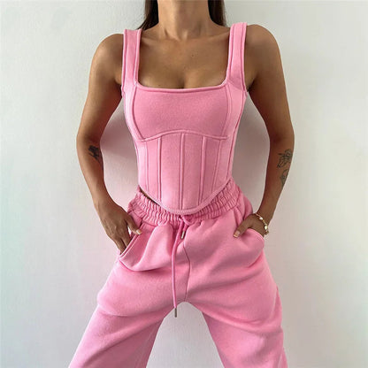 Lace Up Pants Sets Slim Splice Tank Tops Woman Long Sleeve Short Hoodies and Pant Suits Outfits Winter