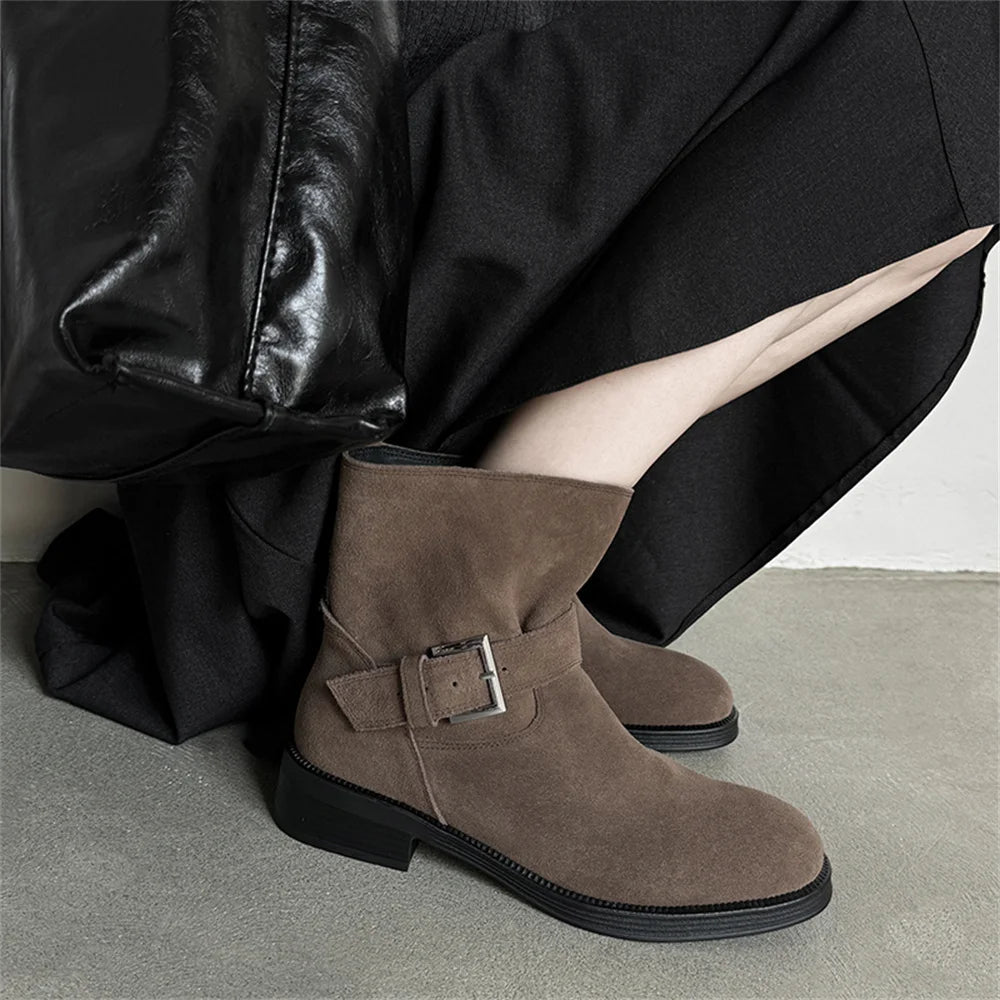 Ankle Boots Cow Suede Round Toe Motorcycle Boots Thick Low Heels Warm Autumn Winter Shoes Buckles Boots