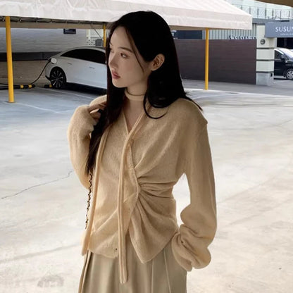 South Korea Cardigan Simple Temperament Vneck Neck Irregular Buckle Waist Slimming Tops Long Sleeve Sweater